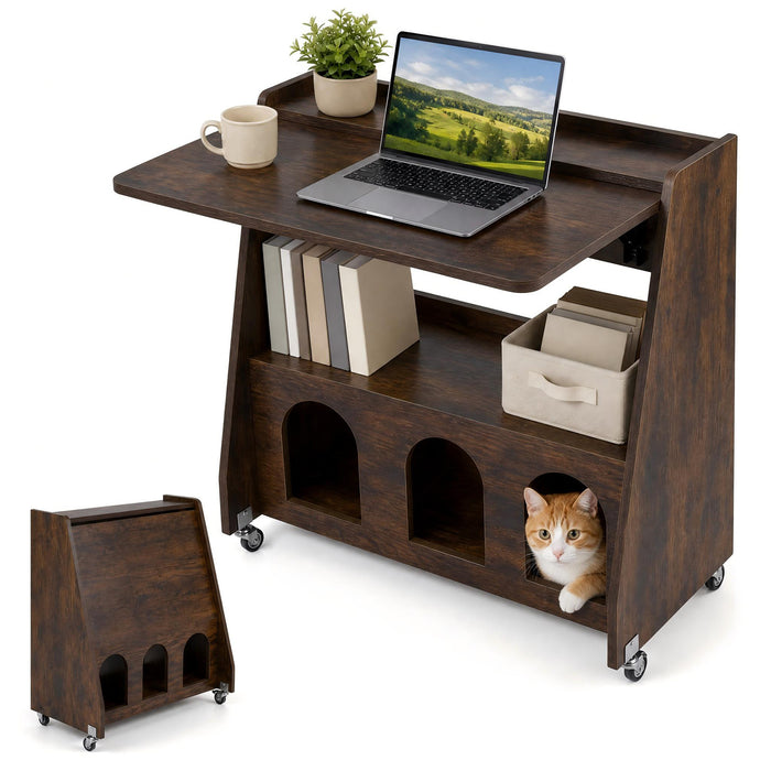 Folding Desk on Wheels with Storage Shelves and Compartments for Small Spaces-