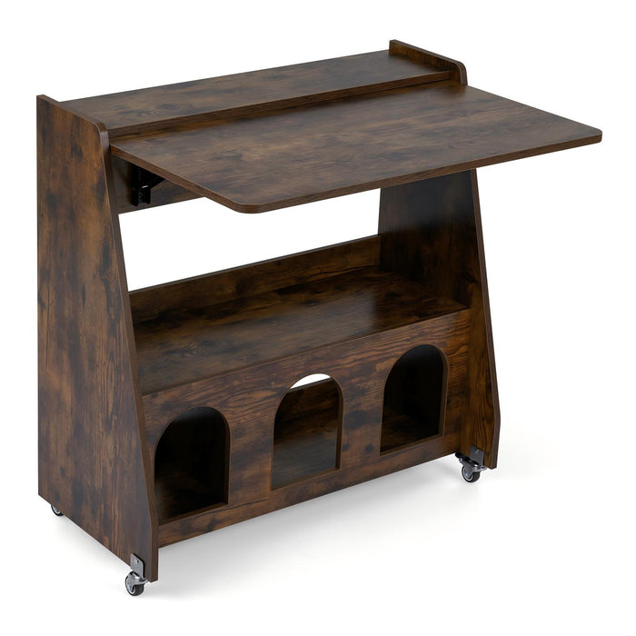Folding Desk on Wheels with Storage Shelves and Compartments for Small Spaces-