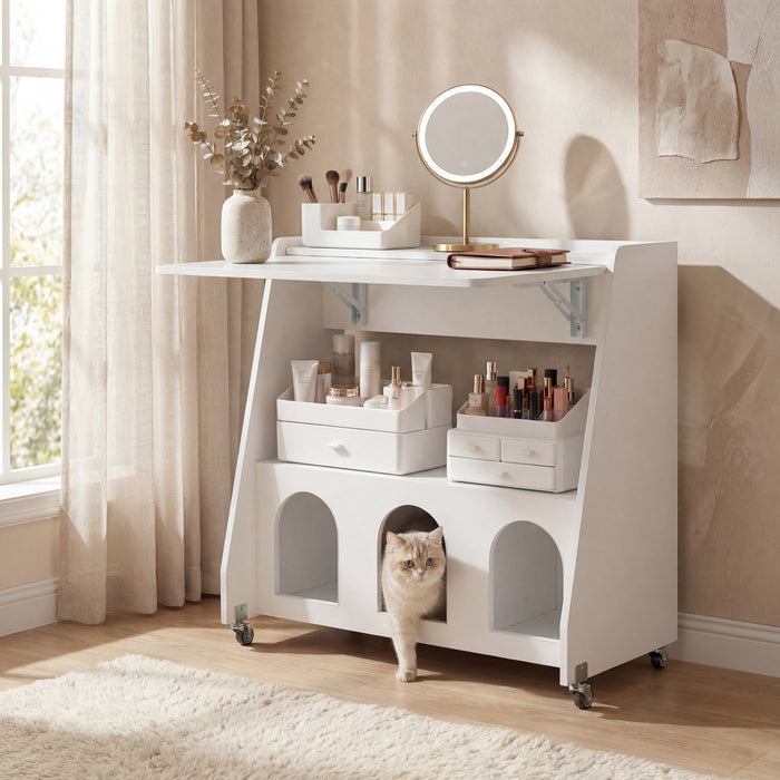 Folding Desk on Wheels with Storage Shelves and Compartments for Small Spaces-