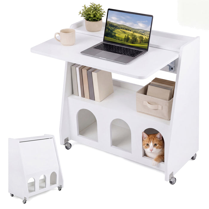 Folding Desk on Wheels with Storage Shelves and Compartments for Small Spaces-