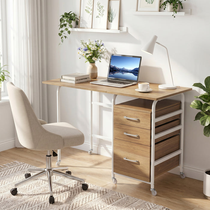 Folding Desk with 3 Drawers Storage & Rolling Wheels for Living Room Space-Saving-