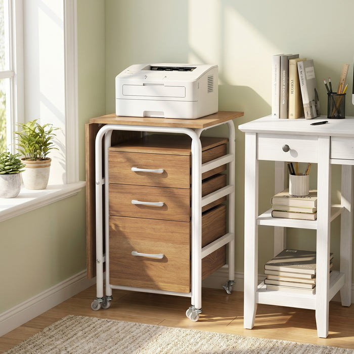 Folding Desk with 3 Drawers Storage & Rolling Wheels for Living Room Space-Saving-