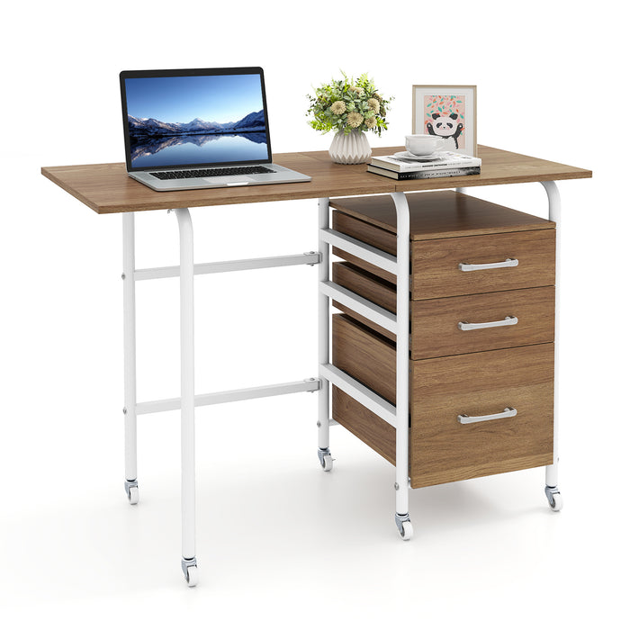 Folding Desk with 3 Drawers Storage & Rolling Wheels for Living Room Space-Saving-