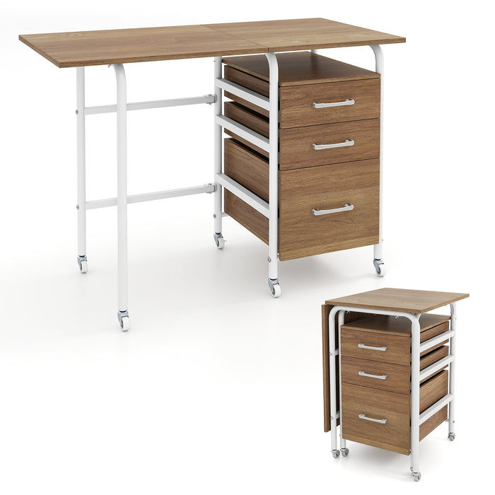 Folding Desk with 3 Drawers Storage & Rolling Wheels for Living Room Space-Saving-