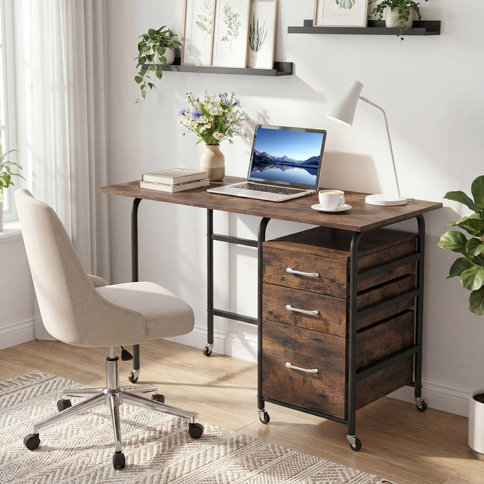 Folding Desk with 3 Drawers Storage & Rolling Wheels for Living Room Space-Saving-