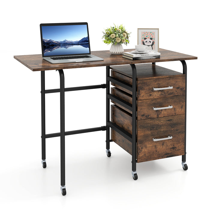 Folding Desk with 3 Drawers Storage & Rolling Wheels for Living Room Space-Saving-