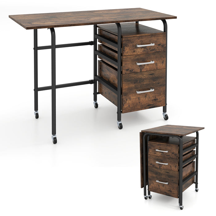 Folding Desk with 3 Drawers Storage & Rolling Wheels for Living Room Space-Saving-
