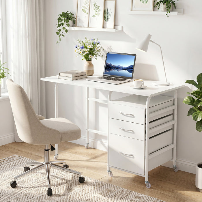 Folding Desk with 3 Drawers Storage & Rolling Wheels for Living Room Space-Saving-