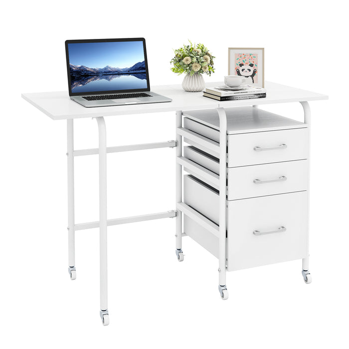 Folding Desk with 3 Drawers Storage & Rolling Wheels for Living Room Space-Saving-