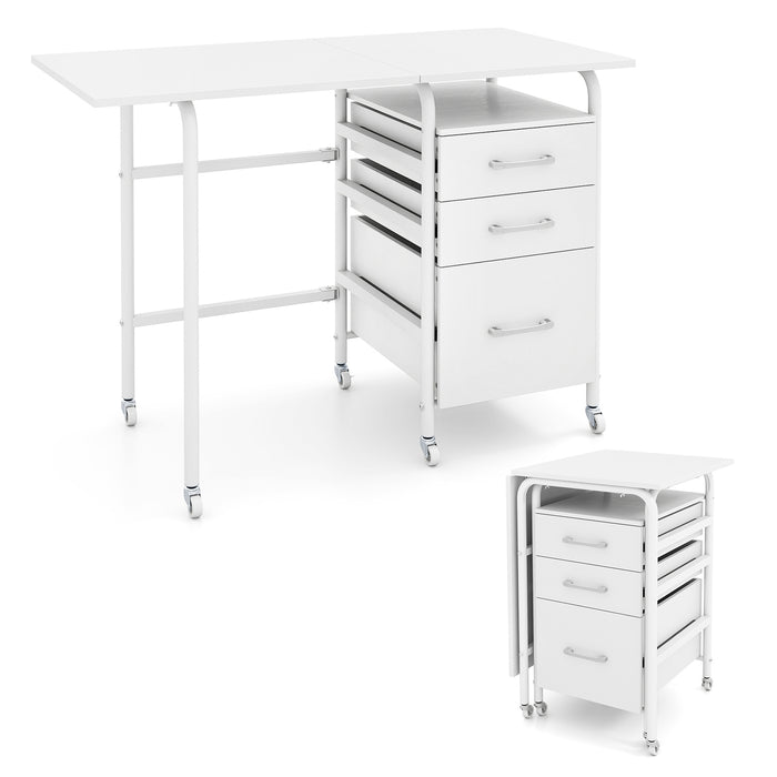 Folding Desk with 3 Drawers Storage & Rolling Wheels for Living Room Space-Saving-