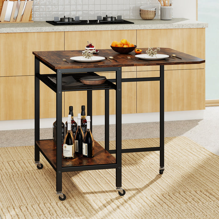 Folding Dining Table Movable Kitchen Table with Wine Rack Storage Shelf and Wheels-