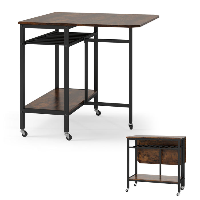 Folding Dining Table Movable Kitchen Table with Wine Rack Storage Shelf and Wheels-