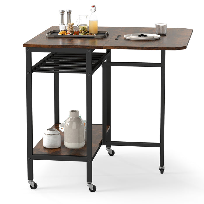 Folding Dining Table Movable Kitchen Table with Wine Rack Storage Shelf and Wheels-