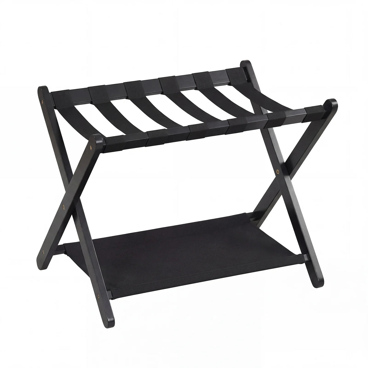 Folding Luggage Rack Solid Rubberwood Suitcase Stand with Nylon Shelves-