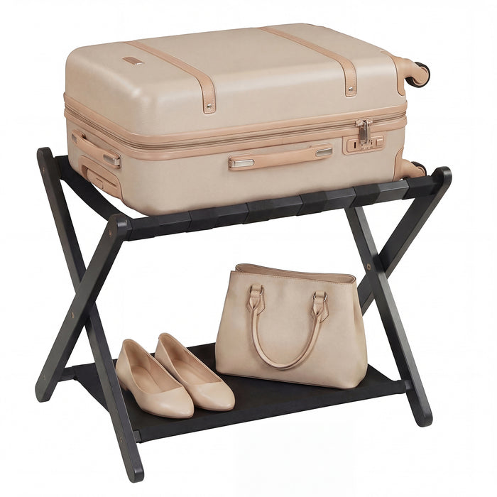 Folding Luggage Rack Solid Rubberwood Suitcase Stand with Nylon Shelves-