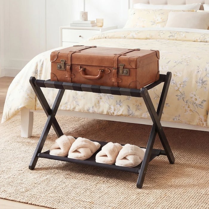 Folding Luggage Rack Solid Rubberwood Suitcase Stand with Nylon Shelves-