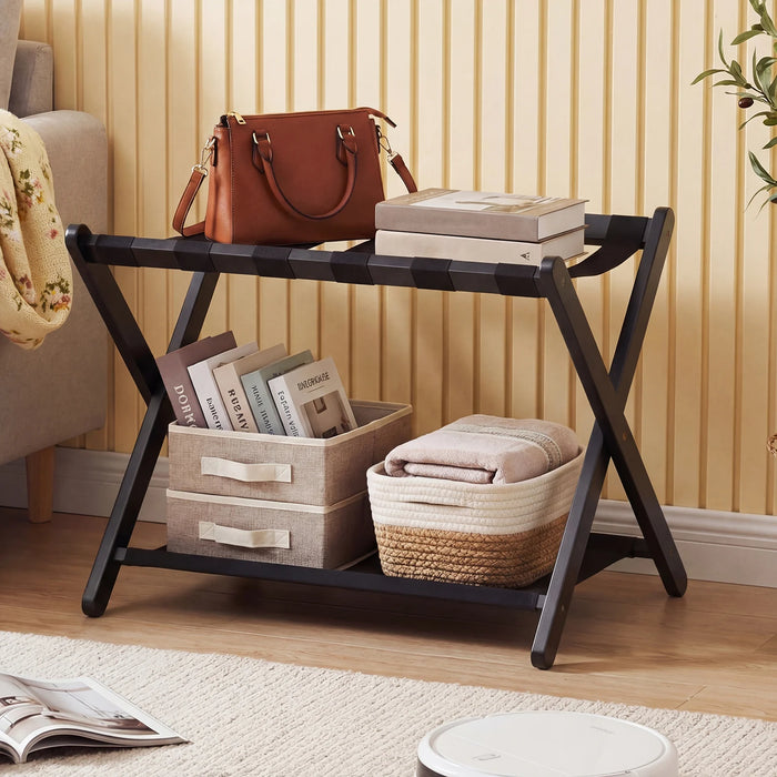 Folding Luggage Rack Solid Rubberwood Suitcase Stand with Nylon Shelves-