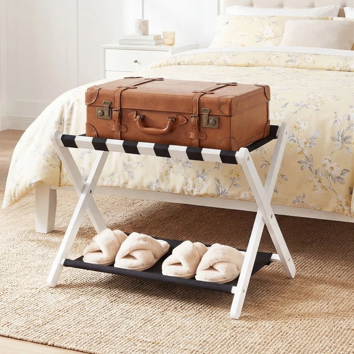Folding Luggage Rack Solid Rubberwood Suitcase Stand with Nylon Shelves-