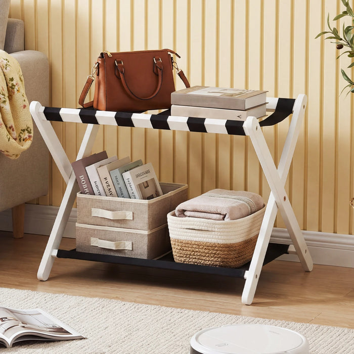 Folding Luggage Rack Solid Rubberwood Suitcase Stand with Nylon Shelves-