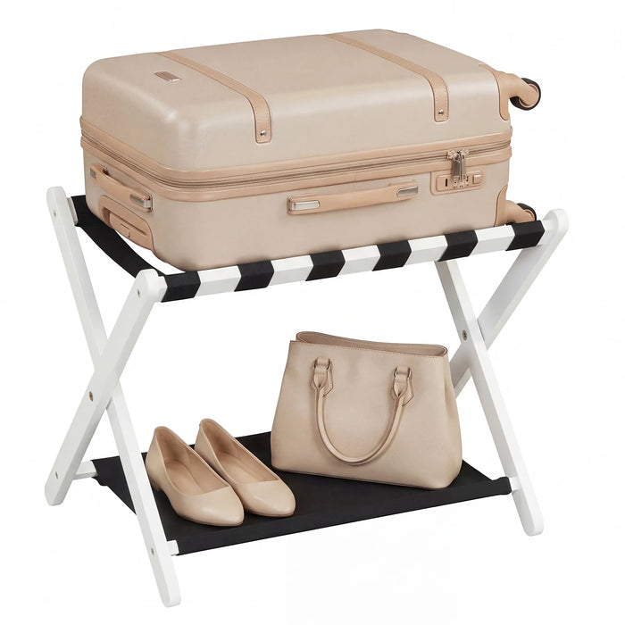 Folding Luggage Rack Solid Rubberwood Suitcase Stand with Nylon Shelves-