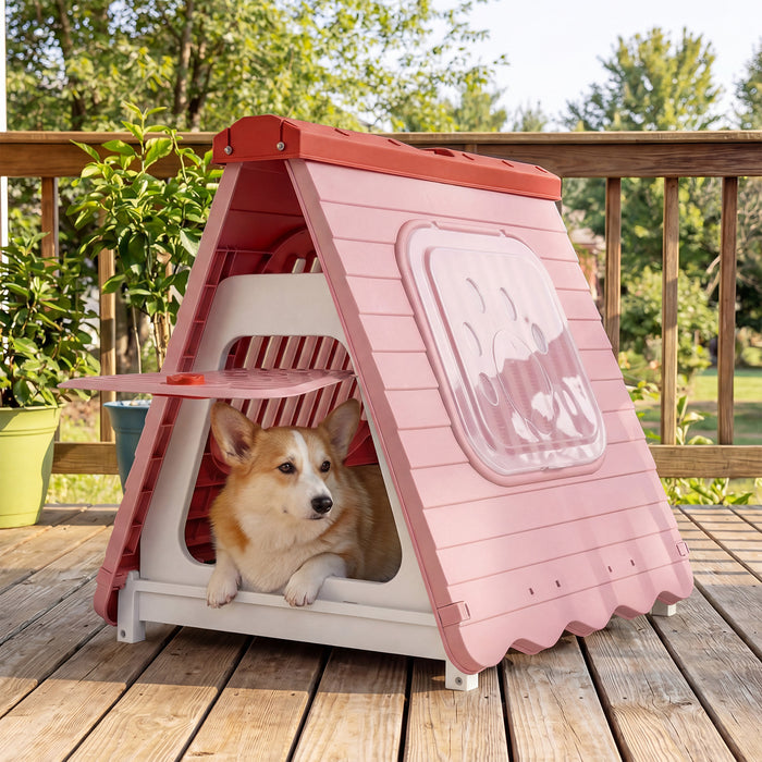 Folding Plastic Dog House with Lockable Flap Door Waterproof Pet Shelter-