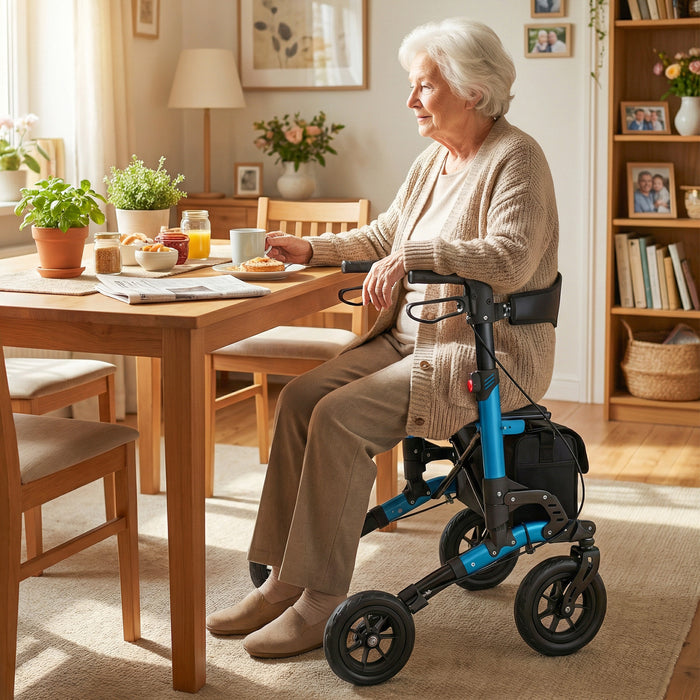 Folding Rolling Walker with Seat and Mesh Backrest for Seniors-Blue