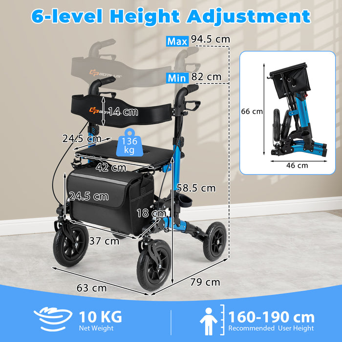 Folding Rolling Walker with Seat and Mesh Backrest for Seniors-Blue