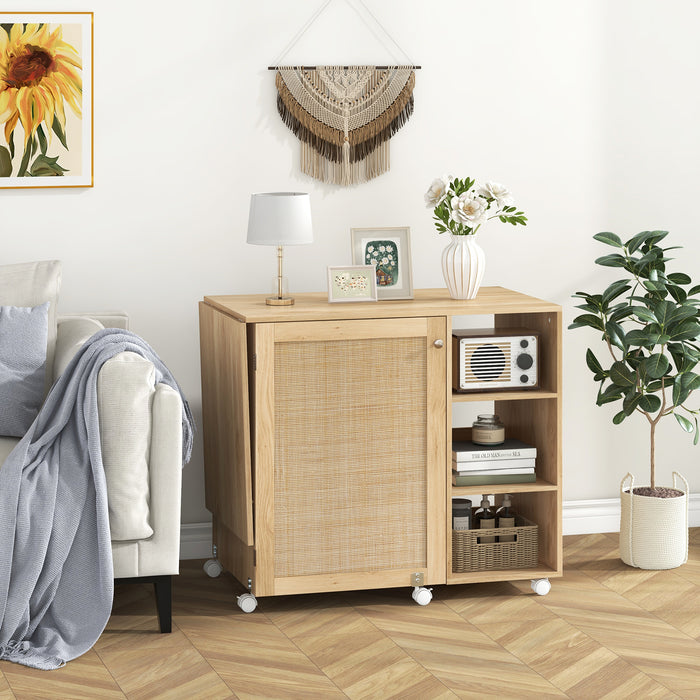 Folding Sewing Table with Rattan Door and Lockable Casters for Craft-