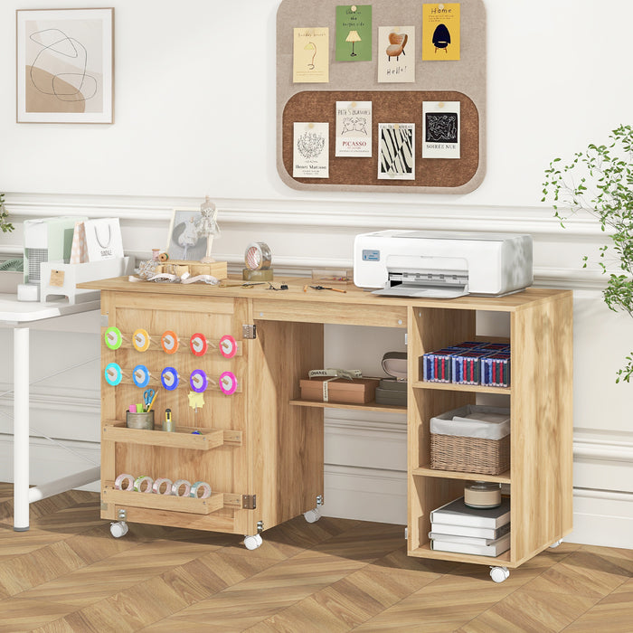 Folding Sewing Table with Rattan Door and Lockable Casters for Craft-
