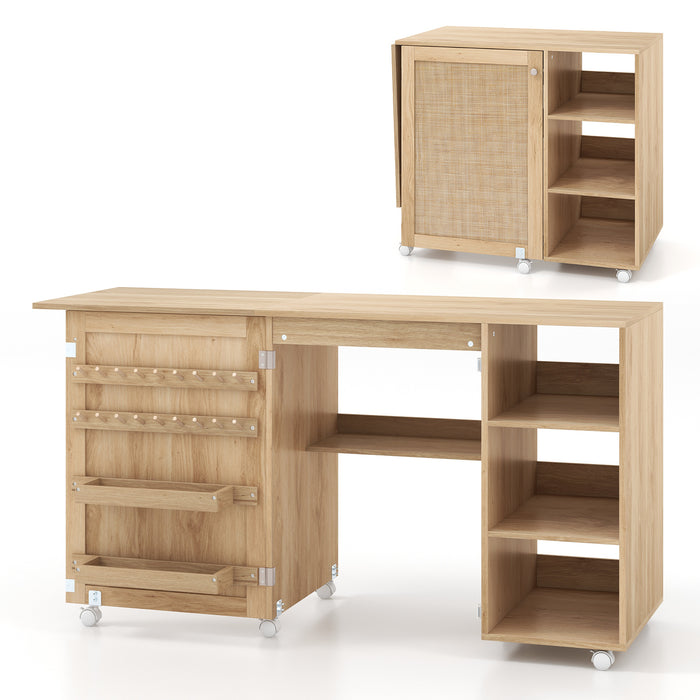 Folding Sewing Table with Rattan Door and Lockable Casters for Craft-