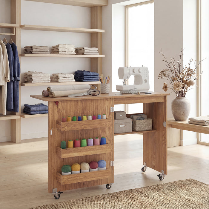 Folding Sewing Table with Storage Shelf and 3 Hidden Bins for Home-