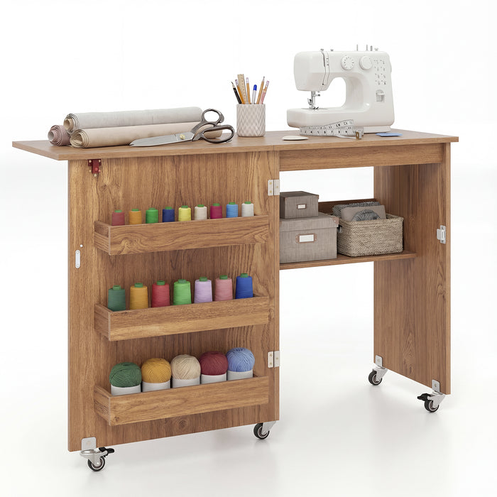 Folding Sewing Table with Storage Shelf and 3 Hidden Bins for Home-
