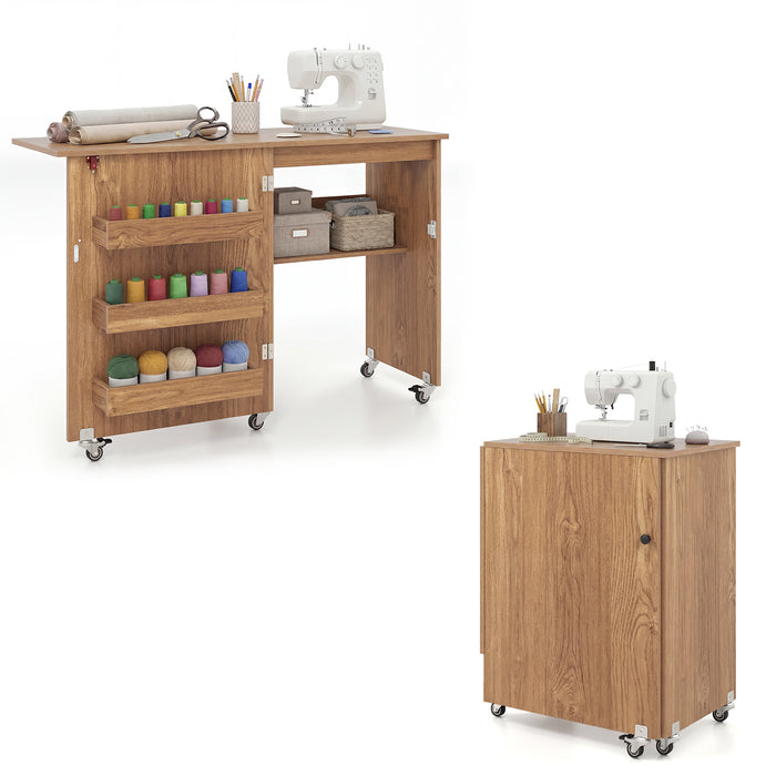 Folding Sewing Table with Storage Shelf and 3 Hidden Bins for Home-