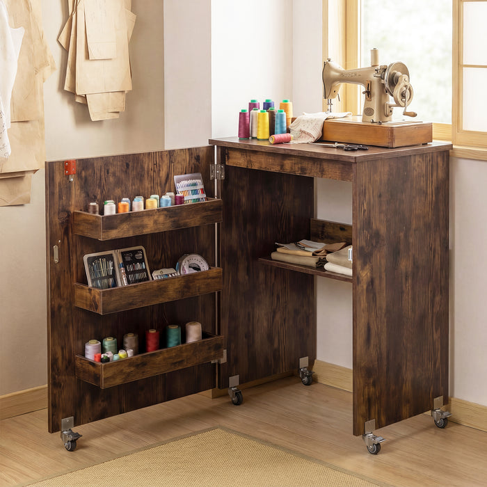 Folding Sewing Table with Storage Shelf and 3 Hidden Bins for Home-
