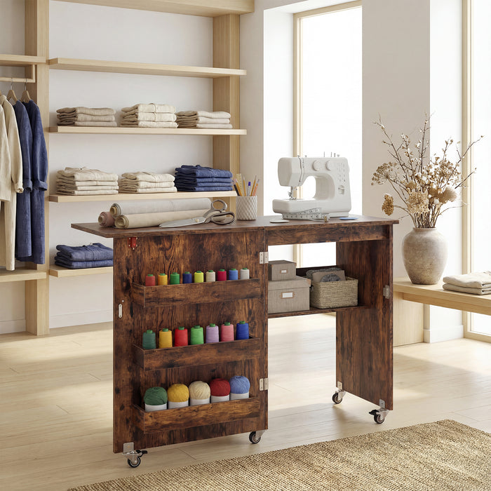 Folding Sewing Table with Storage Shelf and 3 Hidden Bins for Home-