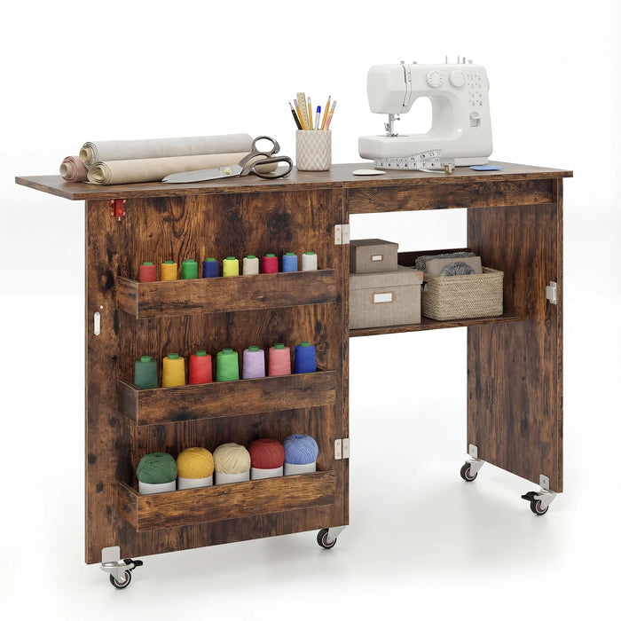 Folding Sewing Table with Storage Shelf and 3 Hidden Bins for Home-