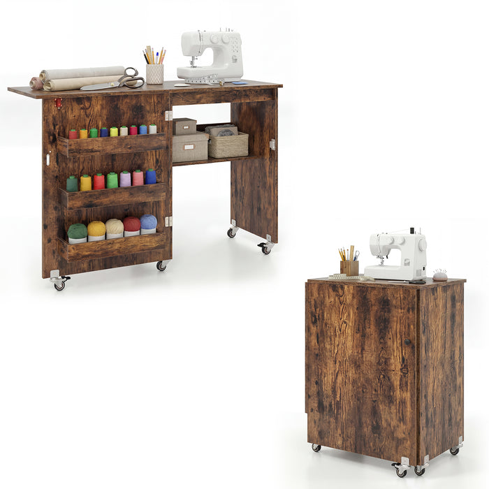Folding Sewing Table with Storage Shelf and 3 Hidden Bins for Home-