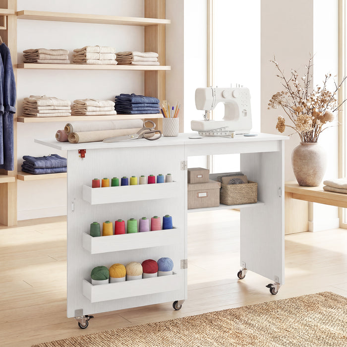 Folding Sewing Table with Storage Shelf and 3 Hidden Bins for Home-