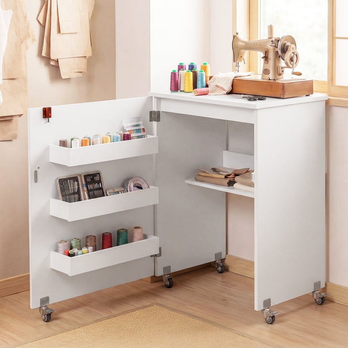 Folding Sewing Table with Storage Shelf and 3 Hidden Bins for Home-