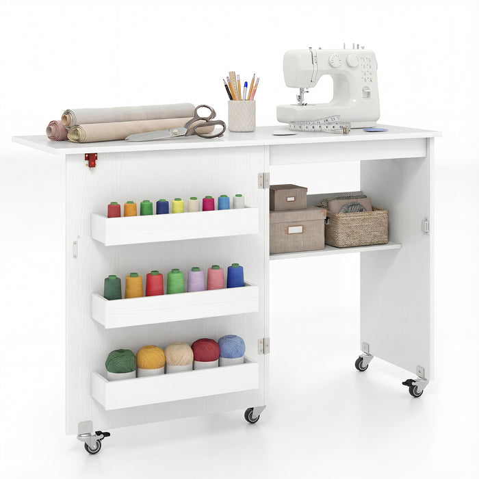Folding Sewing Table with Storage Shelf and 3 Hidden Bins for Home-