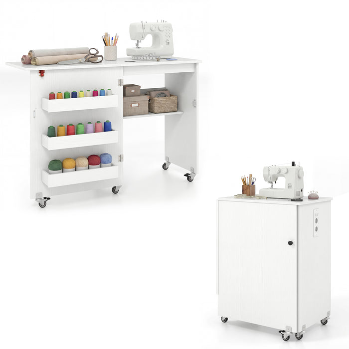 Folding Sewing Table with Storage Shelf and 3 Hidden Bins for Home-