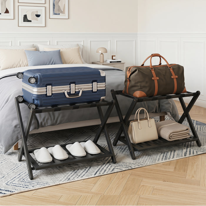 Folding Suitcase Stand with Straps and Bamboo Storage Shelves for Guest Room-