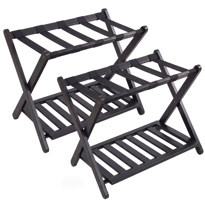 Folding Suitcase Stand with Straps and Bamboo Storage Shelves for Guest Room-