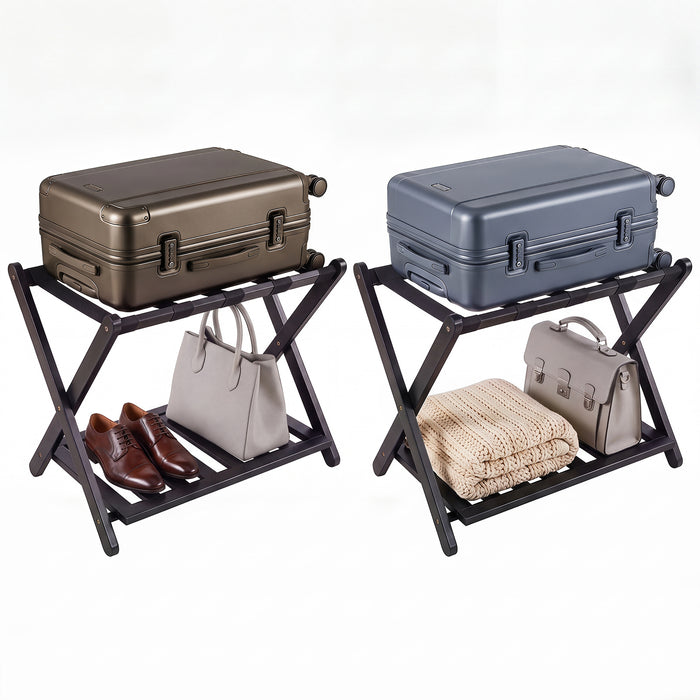 Folding Suitcase Stand with Straps and Bamboo Storage Shelves for Guest Room-