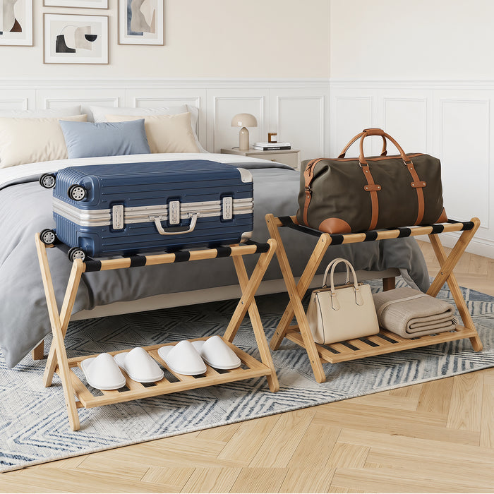 Folding Suitcase Stand with Straps and Bamboo Storage Shelves for Guest Room-