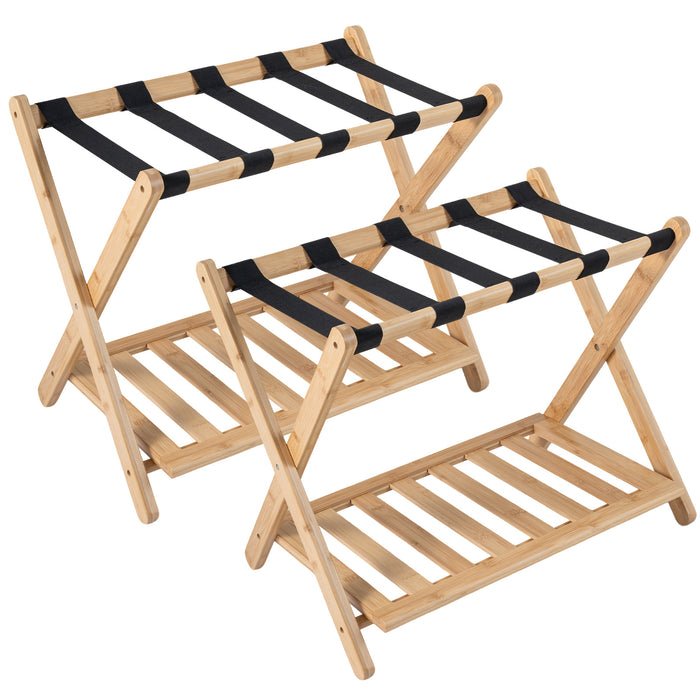 Folding Suitcase Stand with Straps and Bamboo Storage Shelves for Guest Room-