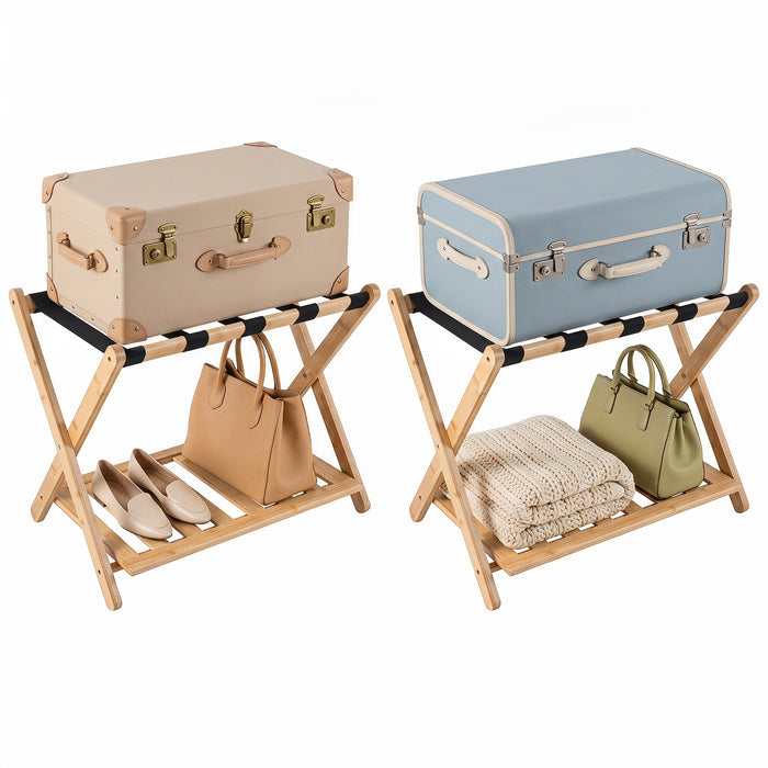 Folding Suitcase Stand with Straps and Bamboo Storage Shelves for Guest Room-