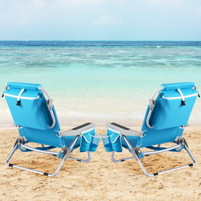 Folding Lay Flat Beach Chair with 5-Position Backrest-Blue & Green
