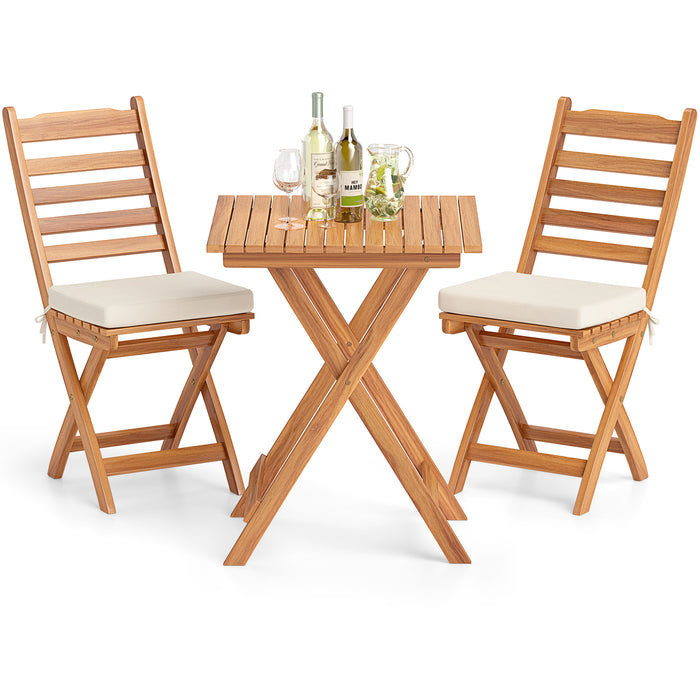 3 Pieces Outdoor Acacia Wood Bistro Set with Seat Cushions and High Back-Horizontal-