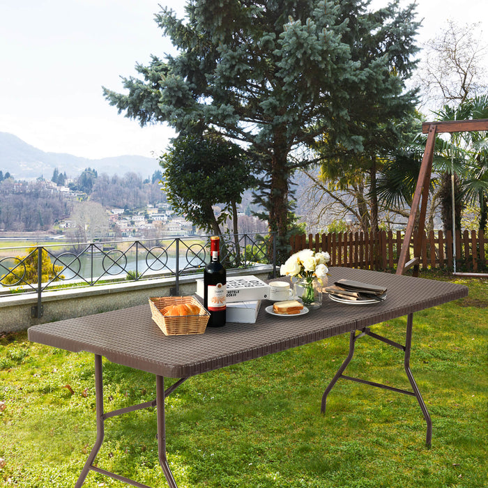 Folding Table Portable Plastic Table with Rattan Design and Umbrella Hole